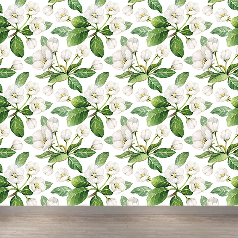 Tropical Blossom Mural Decal White Living Room Wall Covering, Custom Size Available Clearhalo 'Wall Decor' 'Wall Mural' 1619257