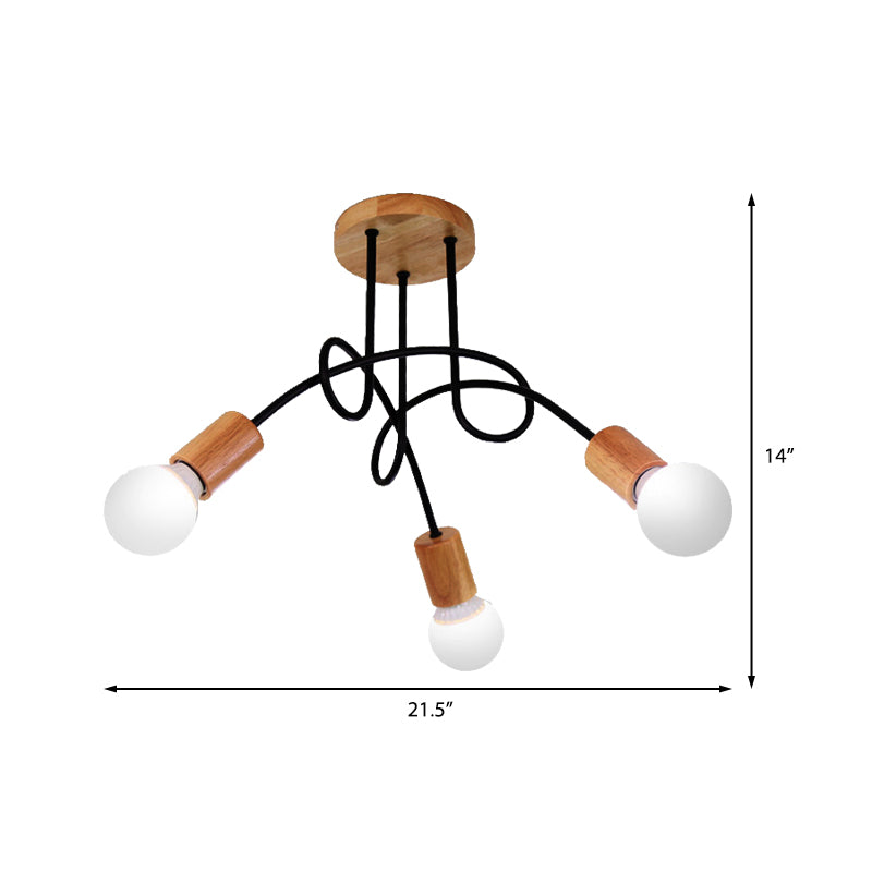 Open Bulb Metal Ceiling Flush Mount Loft Industrial 3/5 Lights Indoor Semi Mount Lighting with Wooden Cap Clearhalo 'Ceiling Lights' 'Close To Ceiling Lights' 'Close to ceiling' 'Semi-flushmount' Lighting' 161945