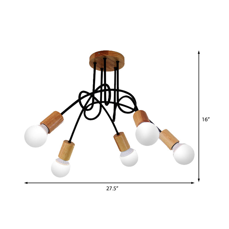 Open Bulb Metal Ceiling Flush Mount Loft Industrial 3/5 Lights Indoor Semi Mount Lighting with Wooden Cap Clearhalo 'Ceiling Lights' 'Close To Ceiling Lights' 'Close to ceiling' 'Semi-flushmount' Lighting' 161950