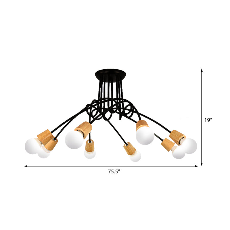 Metal Open Bulb Ceiling Light Fixture with Twisted Arm Loft Style 3/5 Lights Kitchen Semi Flush Pendant Light in Wood Clearhalo 'Ceiling Lights' 'Close To Ceiling Lights' 'Close to ceiling' 'Semi-flushmount' Lighting' 161955