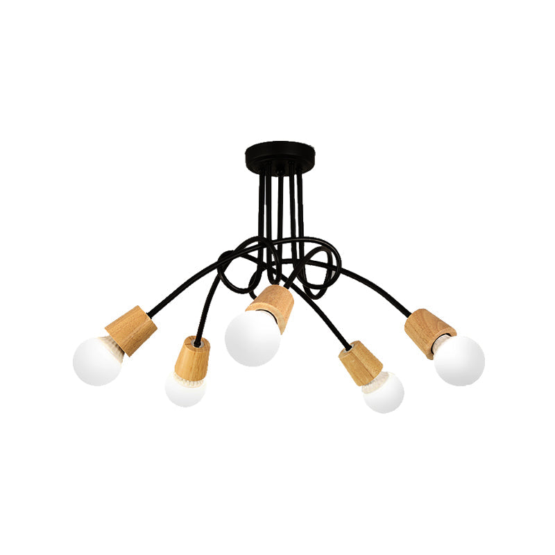 Metal Open Bulb Ceiling Light Fixture with Twisted Arm Loft Style 3/5 Lights Kitchen Semi Flush Pendant Light in Wood 5 Wood Clearhalo 'Ceiling Lights' 'Close To Ceiling Lights' 'Close to ceiling' 'Semi-flushmount' Lighting' 161958