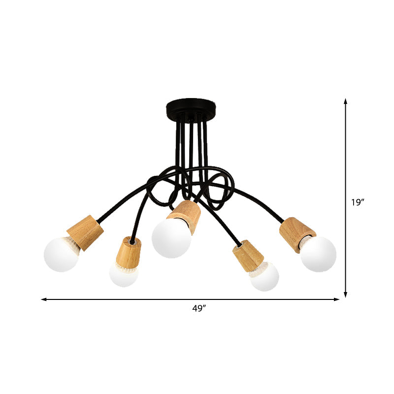 Metal Open Bulb Ceiling Light Fixture with Twisted Arm Loft Style 3/5 Lights Kitchen Semi Flush Pendant Light in Wood Clearhalo 'Ceiling Lights' 'Close To Ceiling Lights' 'Close to ceiling' 'Semi-flushmount' Lighting' 161959