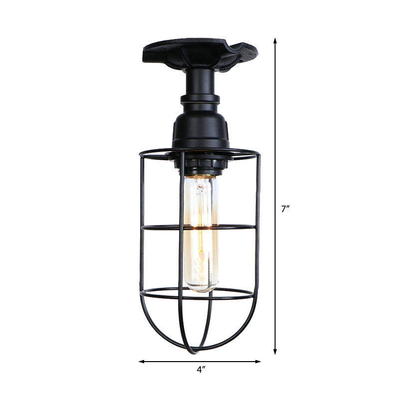 Black/Bronze 1 Bulb Semi-Flush Mount Light Vintage Metal Wire Guard Ceiling Mounted Light for Corridor Clearhalo 'Ceiling Lights' 'Close To Ceiling Lights' 'Close to ceiling' 'Semi-flushmount' Lighting' 162010