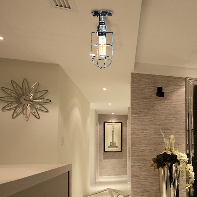 Black/Bronze 1 Bulb Semi-Flush Mount Light Vintage Metal Wire Guard Ceiling Mounted Light for Corridor Aged Silver Clearhalo 'Ceiling Lights' 'Close To Ceiling Lights' 'Close to ceiling' 'Semi-flushmount' Lighting' 162011