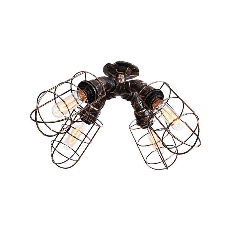 Caged Bedroom Semi-Flush Ceiling Fixture Rustic Industrial Iron 4 Bulbs Bronze/Aged Silver Ceiling Lamp with Pipe Design Clearhalo 'Ceiling Lights' 'Close To Ceiling Lights' 'Close to ceiling' 'Semi-flushmount' Lighting' 162038