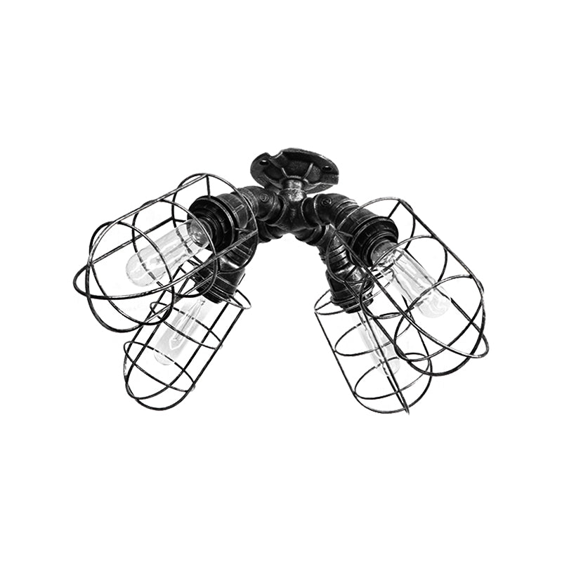 Caged Bedroom Semi-Flush Ceiling Fixture Rustic Industrial Iron 4 Bulbs Bronze/Aged Silver Ceiling Lamp with Pipe Design Clearhalo 'Ceiling Lights' 'Close To Ceiling Lights' 'Close to ceiling' 'Semi-flushmount' Lighting' 162041