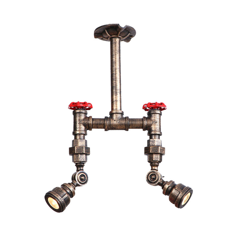 Aged Bronze Piped Semi Flush Mount Light with Red Valve Antique Style Metal 2 Lights Hallway Ceiling Light Fixture Clearhalo 'Ceiling Lights' 'Close To Ceiling Lights' 'Close to ceiling' 'Semi-flushmount' Lighting' 162054