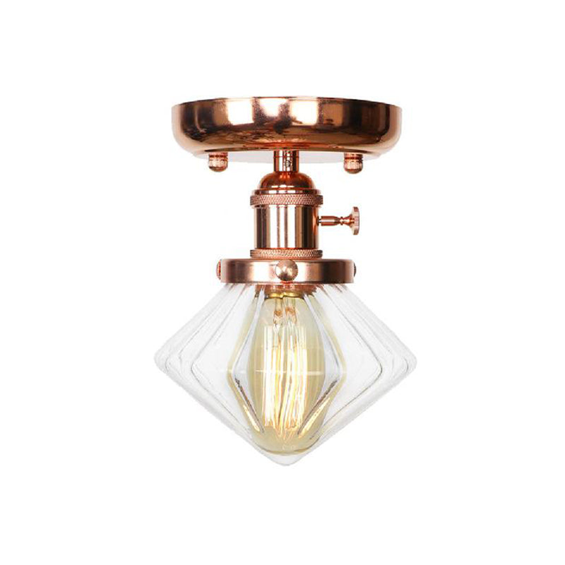 Single Bulb Semi Flush Mount Industrial Globe/Wide Flare/Diamond Light Fixture Ceiling with Clear/Amber Glass Shade Clearhalo 'Ceiling Lights' 'Chandeliers' 'Close To Ceiling Lights' 'Close to ceiling' 'Glass shade' 'Glass' 'Semi-flushmount' Lighting' 162080