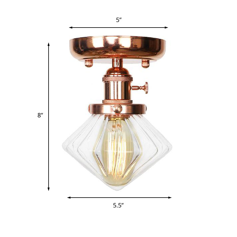 Single Bulb Semi Flush Mount Industrial Globe/Wide Flare/Diamond Light Fixture Ceiling with Clear/Amber Glass Shade Clearhalo 'Ceiling Lights' 'Chandeliers' 'Close To Ceiling Lights' 'Close to ceiling' 'Glass shade' 'Glass' 'Semi-flushmount' Lighting' 162081