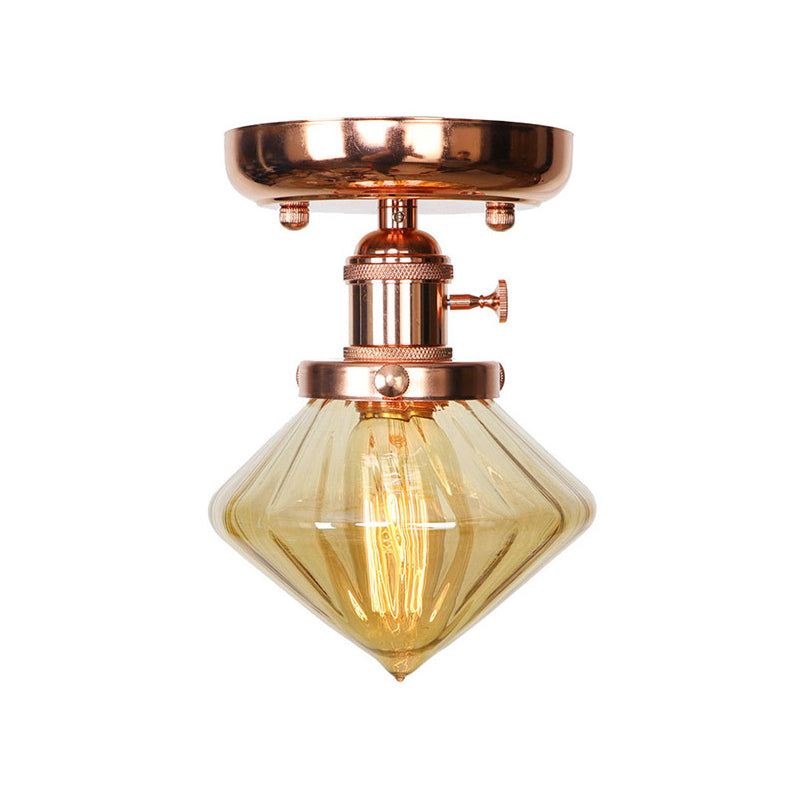 Single Bulb Semi Flush Mount Industrial Globe/Wide Flare/Diamond Light Fixture Ceiling with Clear/Amber Glass Shade Clearhalo 'Ceiling Lights' 'Chandeliers' 'Close To Ceiling Lights' 'Close to ceiling' 'Glass shade' 'Glass' 'Semi-flushmount' Lighting' 162098