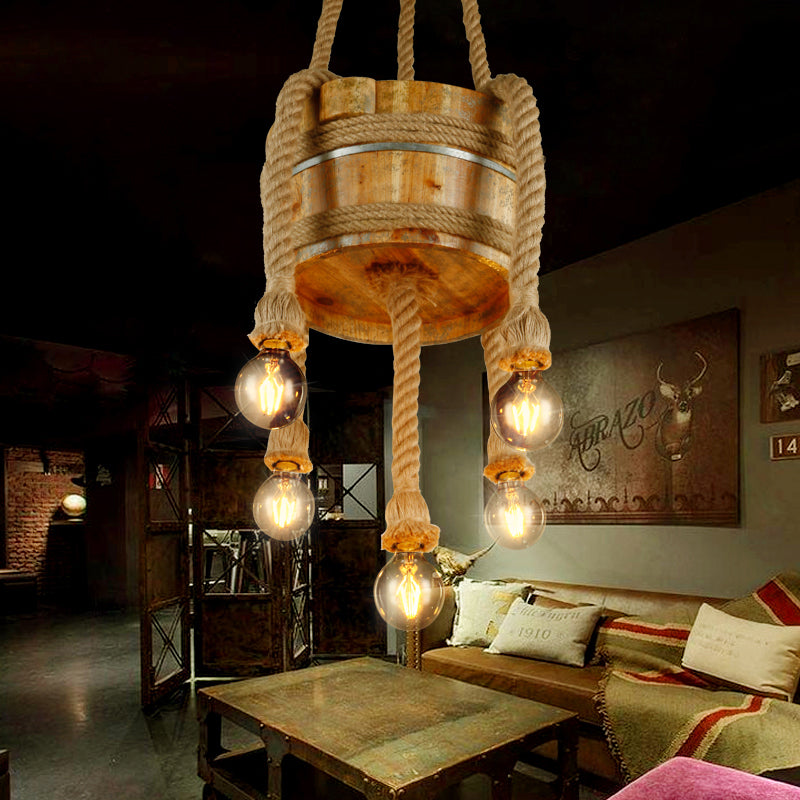 Drum Shape Chandeliers Five-light Retro Style Wood Hanging Lights in Beige Color for Agritainment Clearhalo 'Ceiling Lights' 'Chandeliers' Lighting' options 162105