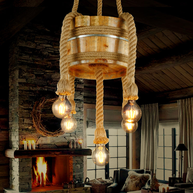 Drum Shape Chandeliers Five-light Retro Style Wood Hanging Lights in Beige Color for Agritainment Clearhalo 'Ceiling Lights' 'Chandeliers' Lighting' options 162106