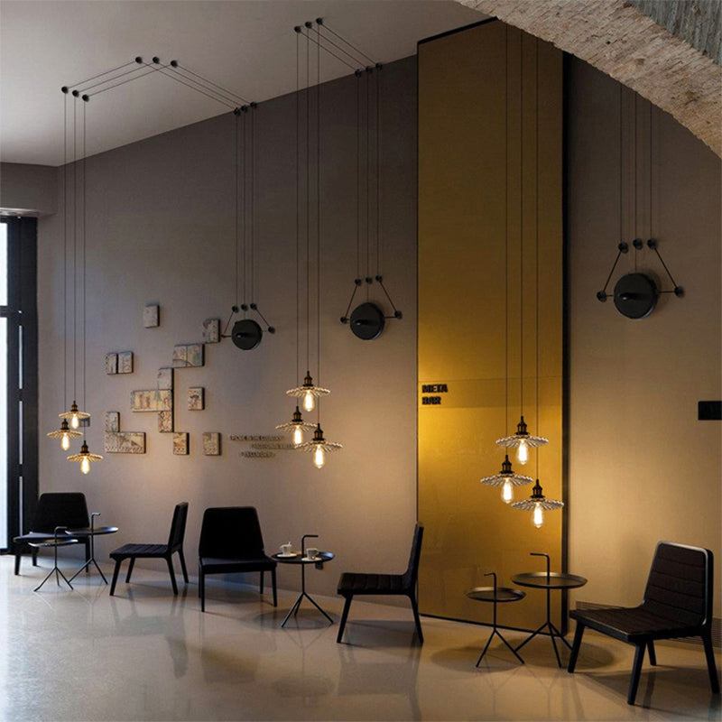 3/5-Light Multi Pendant with Radial Wave Shade Ribbed Glass Vintage Dining Room Hanging Light Fixture Clearhalo 'Art Deco Pendants' 'Cast Iron' 'Ceiling Lights' 'Ceramic' 'Crystal' 'Industrial Pendants' 'Industrial' 'Metal' 'Middle Century Pendants' 'Pendant Lights' 'Pendants' 'Tiffany' Lighting' 162181