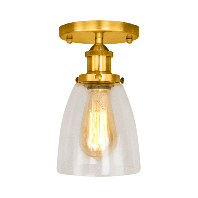 One Bulb Light Fixtures Ceiling Industrial Cone Clear Glass Semi Flush Mount Lighting in Silver/Brass/Rust Clearhalo 'Ceiling Lights' 'Close To Ceiling Lights' 'Close to ceiling' 'Glass shade' 'Glass' 'Semi-flushmount' Lighting' 162257