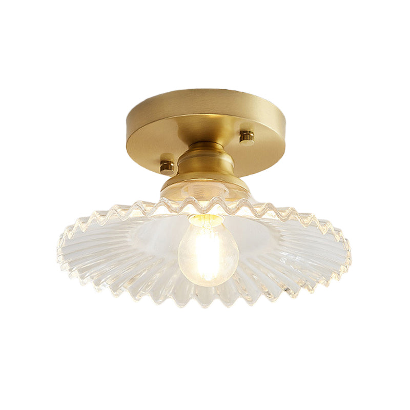 1 Light Flared Semi Flush Light Industrial Clear/Green Ribbed Glass Ceiling Mount for Living Room Clearhalo 'Ceiling Lights' 'Close To Ceiling Lights' 'Close to ceiling' 'Flush mount' Lighting' 162344