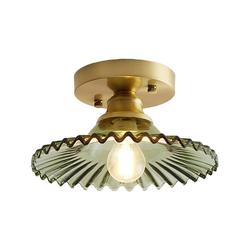 1 Light Flared Semi Flush Light Industrial Clear/Green Ribbed Glass Ceiling Mount for Living Room Clearhalo 'Ceiling Lights' 'Close To Ceiling Lights' 'Close to ceiling' 'Flush mount' Lighting' 162347