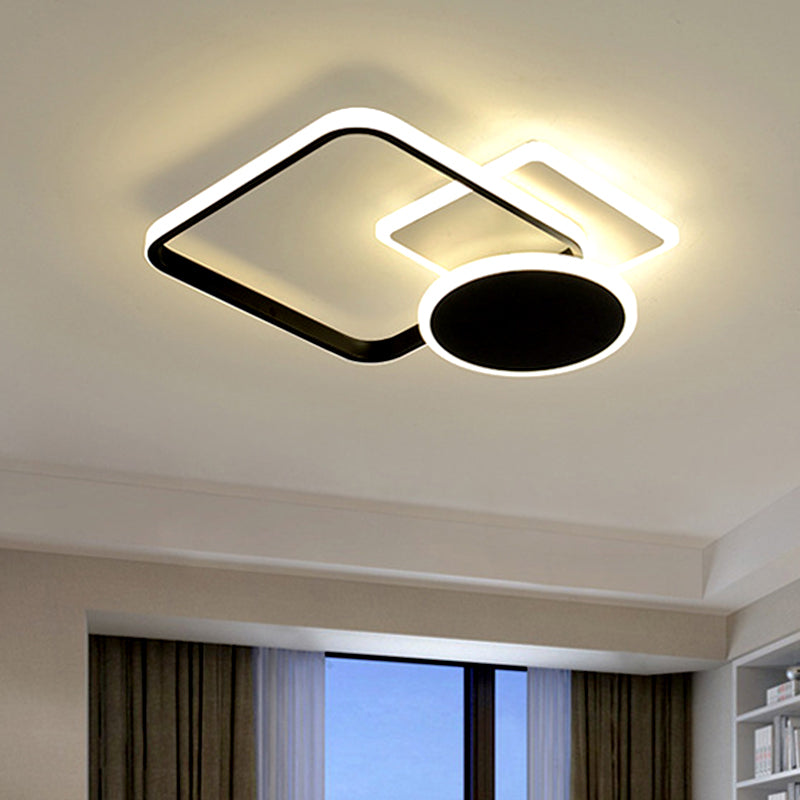 19"/23" W Square and Round Semi Flush Contemporary Metal LED Parlor Close to Ceiling Lamp in Black, Warm/White Light Black Clearhalo 'Ceiling Lights' 'Close To Ceiling Lights' 'Close to ceiling' 'Semi-flushmount' Lighting' 1623606