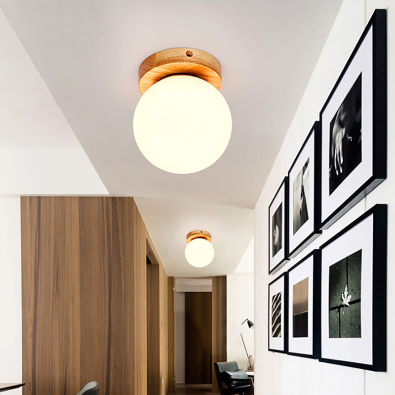 One Light Globe Flush Mount Ceiling Light Nordic Wooden Milky Glass Lighting Fixture Wood Clearhalo 'Ceiling Lights' 'Close To Ceiling Lights' 'Close to ceiling' 'Flush mount' Lighting' 162406