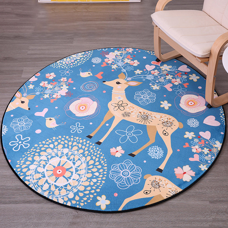 Kids Nursery Rug in Blue Animal Deer Floral Print Rug Polyester Stain-Resistant Area Rug Blue Clearhalo 'Area Rug' 'Rug' 1625042