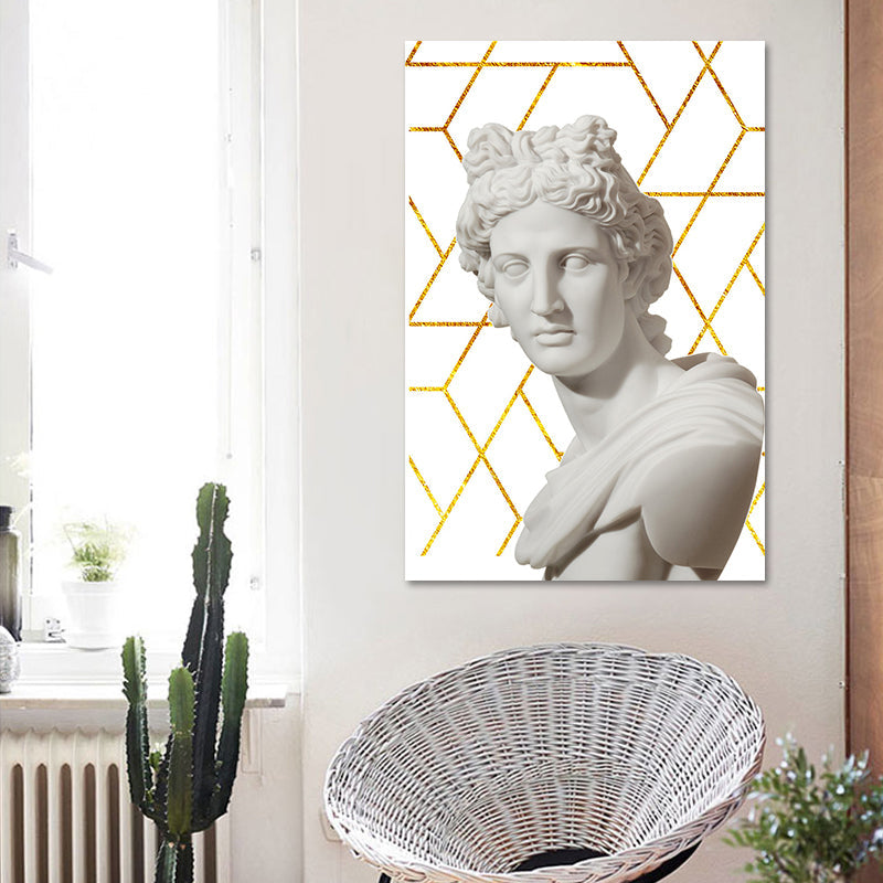 Greek Status and Geometric Canvas Vintage Textured Wall Art Print in White-Gold for Home