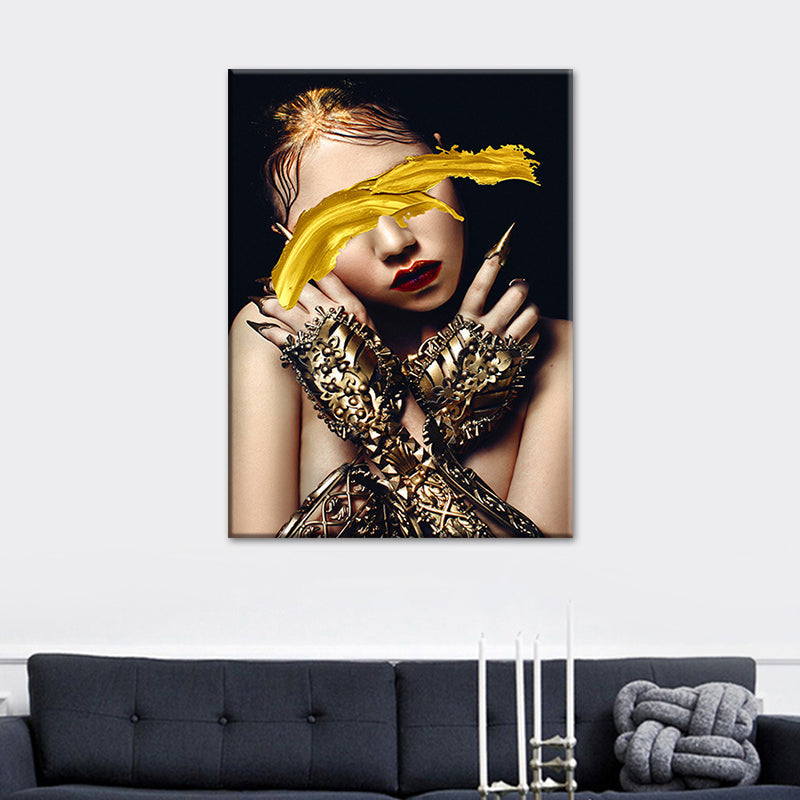 Woman Canvas Art Print Textured Surface Glam Living Room Wall Decor in Dark Color