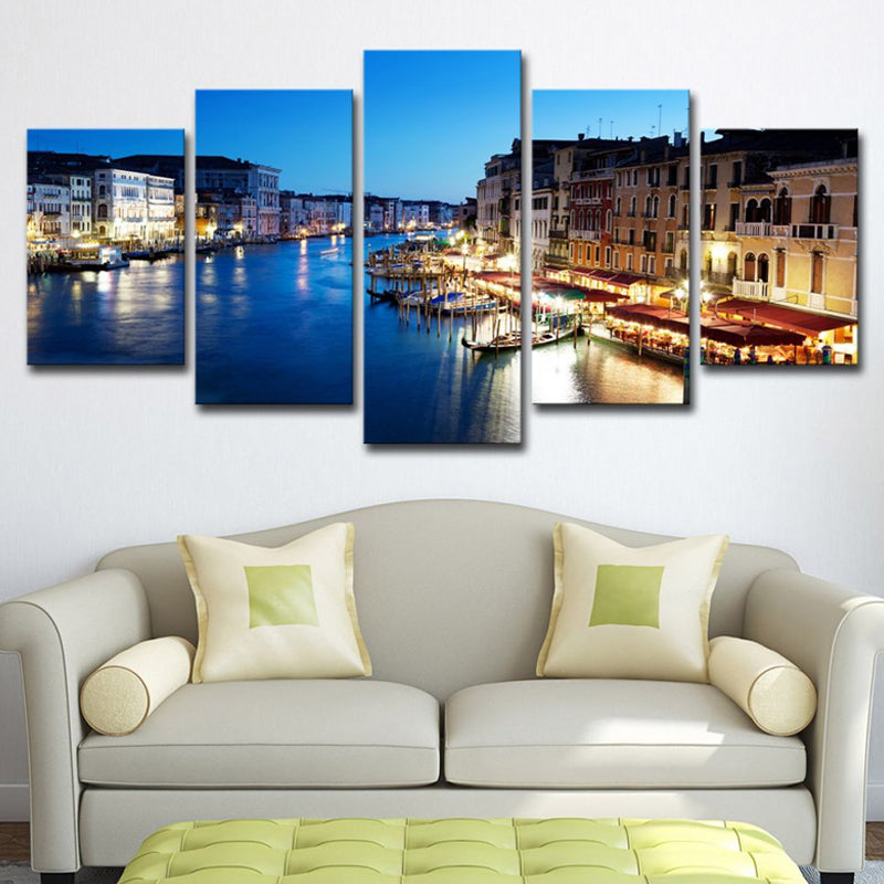 Blue Venice Nightscape Canvas Art Multi-Piece Global Inspired Bedroom Wall Decor Blue Clearhalo 'Art Gallery' 'Canvas Art' 'Coastal Art Gallery' 'Nautical' Arts' 1625388