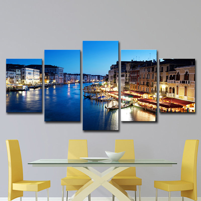 Blue Venice Nightscape Canvas Art Multi-Piece Global Inspired Bedroom Wall Decor Clearhalo 'Art Gallery' 'Canvas Art' 'Coastal Art Gallery' 'Nautical' Arts' 1625389