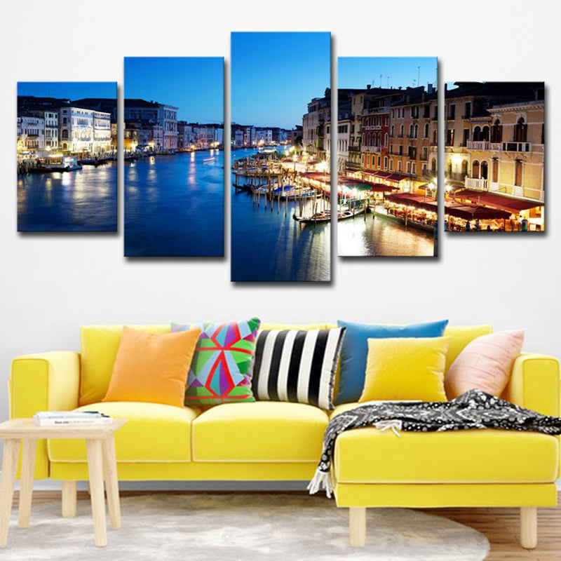 Blue Venice Nightscape Canvas Art Multi-Piece Global Inspired Bedroom Wall Decor Clearhalo 'Art Gallery' 'Canvas Art' 'Coastal Art Gallery' 'Nautical' Arts' 1625390