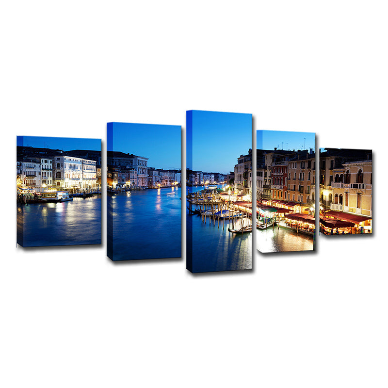 Blue Venice Nightscape Canvas Art Multi-Piece Global Inspired Bedroom Wall Decor Clearhalo 'Art Gallery' 'Canvas Art' 'Coastal Art Gallery' 'Nautical' Arts' 1625391