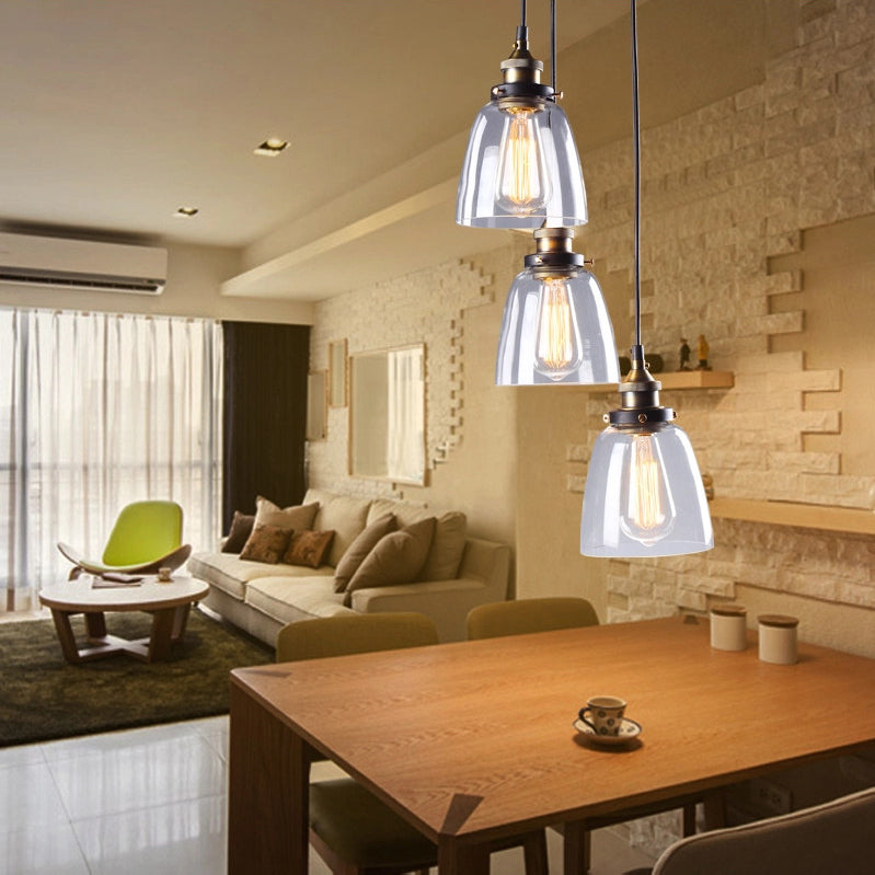 Bucket Shade Clear Glass Multi Pendant Vintage 3/4/5-Light Dining Table Hanging Light Fixture in Aged Brass, Linear Canopy 3 Clear Clearhalo 'Ceiling Lights' 'Glass shade' 'Glass' 'Industrial Pendants' 'Industrial' 'Middle Century Pendants' 'Pendant Lights' 'Pendants' 'Tiffany' Lighting' 16255