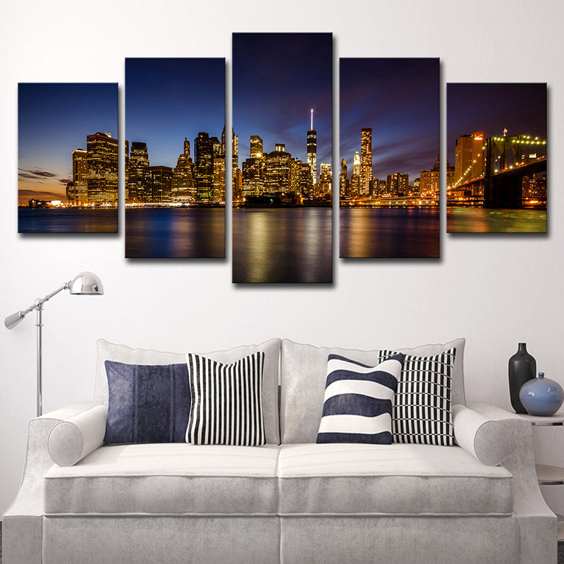 Brooklyn Bridge Wall Art Decor for Home Night Cityscape Canvas in Black, Multi-Piece - Black - Clearhalo - 'Arts' - 'Canvas Art' - 1625661