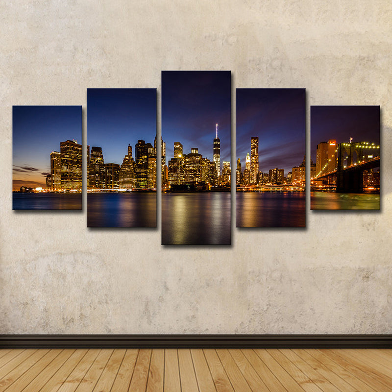 Brooklyn Bridge Wall Art Decor for Home Night Cityscape Canvas in Black, Multi-Piece - Clearhalo - 'Arts' - 'Canvas Art' - 1625662