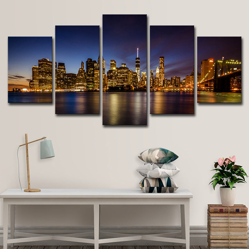 Brooklyn Bridge Wall Art Decor for Home Night Cityscape Canvas in Black, Multi-Piece - Clearhalo - 'Arts' - 'Canvas Art' - 1625663