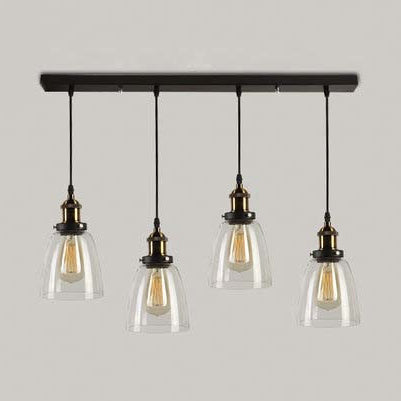 Bucket Shade Clear Glass Multi Pendant Vintage 3/4/5-Light Dining Table Hanging Light Fixture in Aged Brass, Linear Canopy 4 Clear Clearhalo 'Ceiling Lights' 'Glass shade' 'Glass' 'Industrial Pendants' 'Industrial' 'Middle Century Pendants' 'Pendant Lights' 'Pendants' 'Tiffany' Lighting' 16257