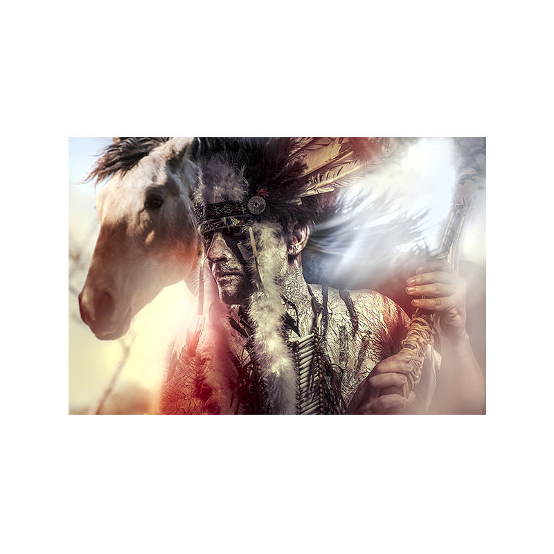 Black Contemporary Canvas Art Indian Man and His Horse Wall Decor for Living Room - Clearhalo - 'Arts' - 'Canvas Art' - 1625727