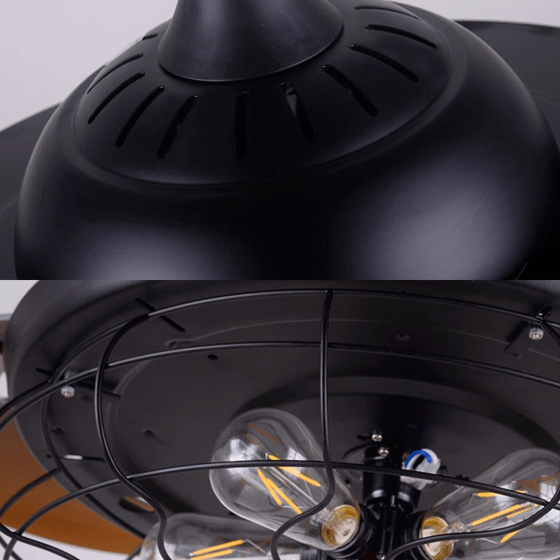 Wire Cage Metallic Semi Flush Lighting Vintage 5 Heads Living Room Wall Control Fan Ceiling Lamp in Black Clearhalo 'Ceiling Fans with Lights' 'Ceiling Fans' 'Industrial Ceiling Fans' 'Industrial' Lighting' 1626573