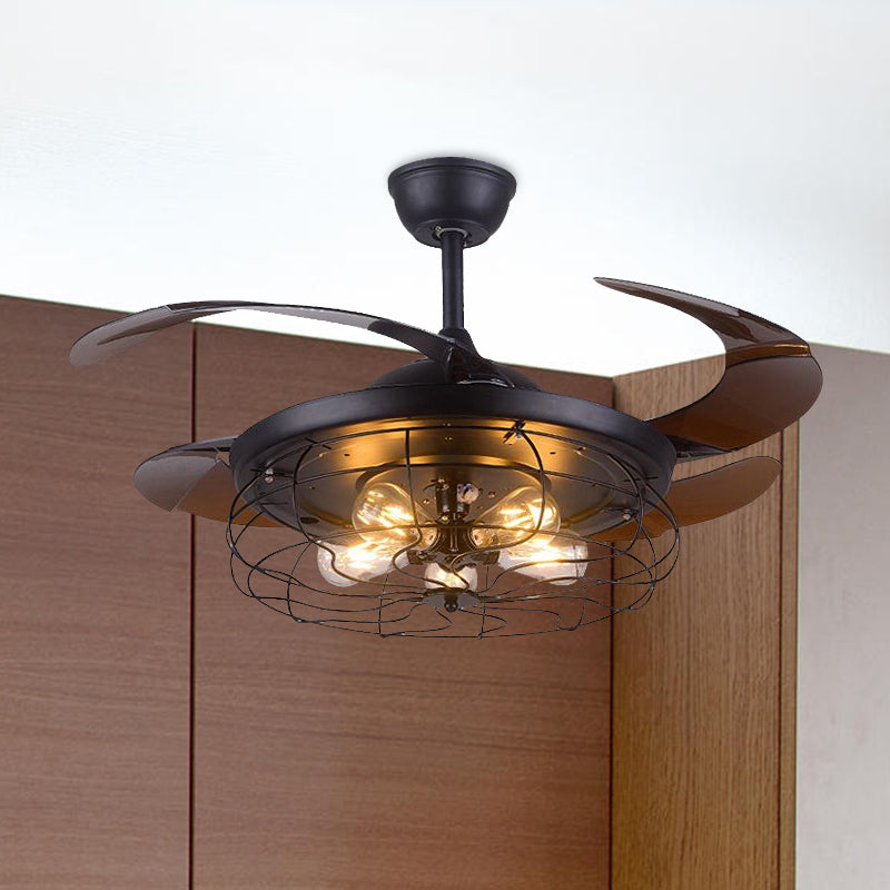 Wire Cage Metallic Semi Flush Lighting Vintage 5 Heads Living Room Wall Control Fan Ceiling Lamp in Black Clearhalo 'Ceiling Fans with Lights' 'Ceiling Fans' 'Industrial Ceiling Fans' 'Industrial' Lighting' 1626575