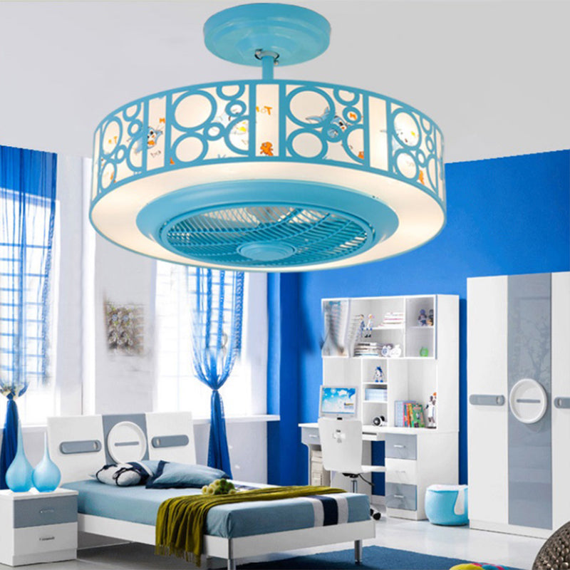 Drum Metal Fan Light Kids LED Pink/Blue 3 Blades Semi Flush Mount Lighting for Nursery, 23.5" Long Clearhalo 'Ceiling Fans with Lights' 'Ceiling Fans' 'Kids Ceiling Fans' 'Kids' Lighting' 1626608