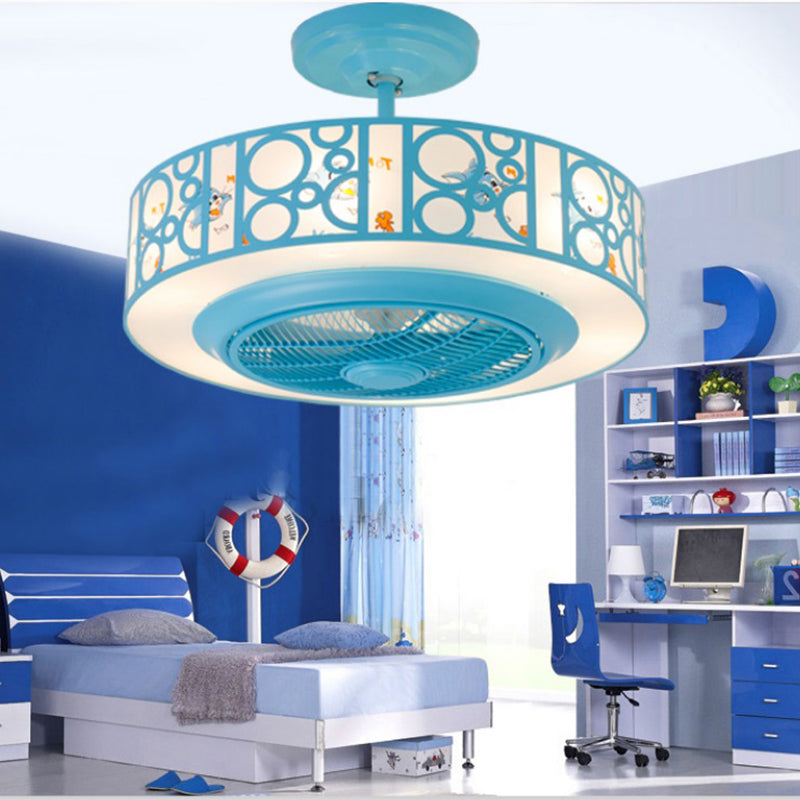 Drum Metal Fan Light Kids LED Pink/Blue 3 Blades Semi Flush Mount Lighting for Nursery, 23.5