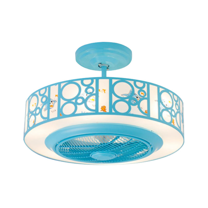 Drum Metal Fan Light Kids LED Pink/Blue 3 Blades Semi Flush Mount Lighting for Nursery, 23.5