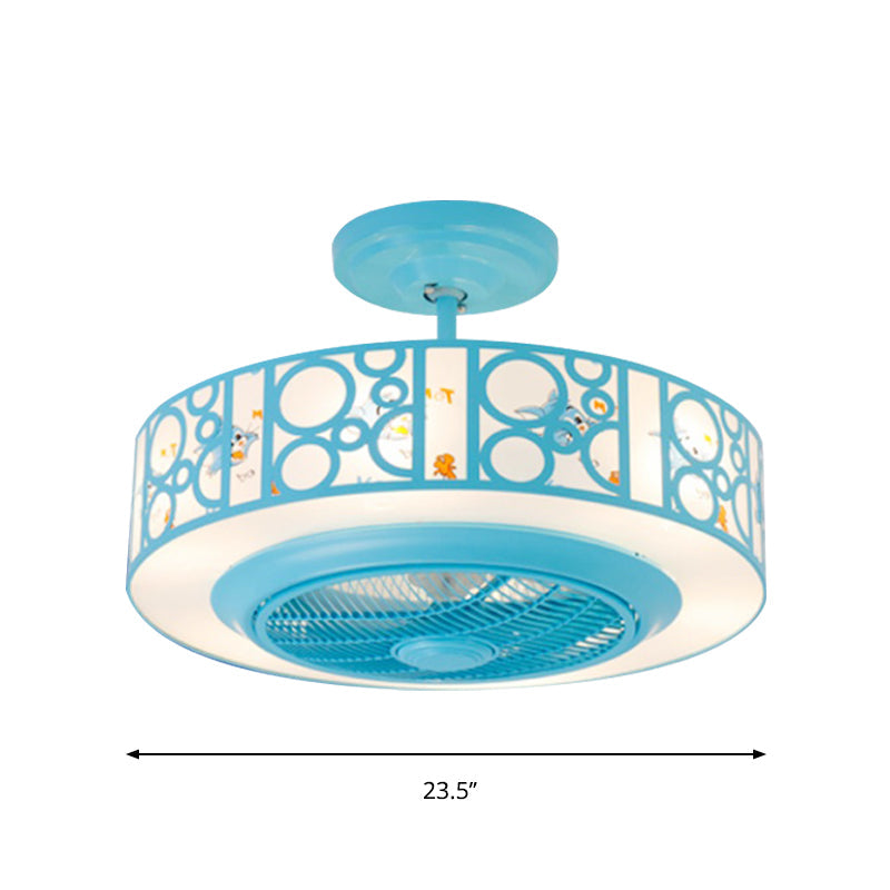 Drum Metal Fan Light Kids LED Pink/Blue 3 Blades Semi Flush Mount Lighting for Nursery, 23.5" Long Clearhalo 'Ceiling Fans with Lights' 'Ceiling Fans' 'Kids Ceiling Fans' 'Kids' Lighting' 1626611