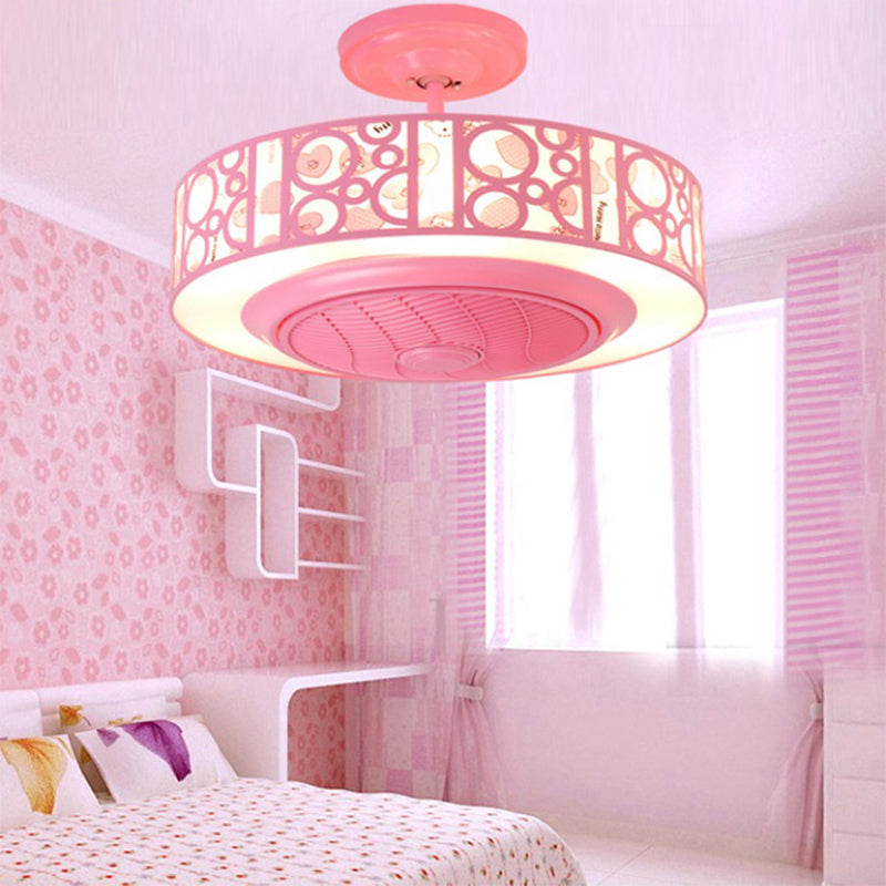 Drum Metal Fan Light Kids LED Pink/Blue 3 Blades Semi Flush Mount Lighting for Nursery, 23.5