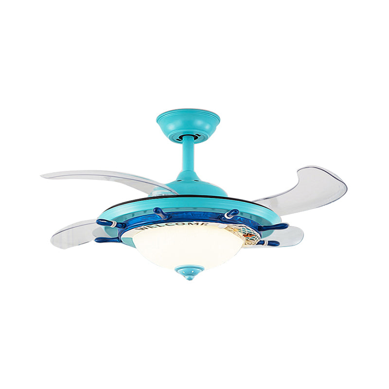 1-Light Bedroom Rudder Fan Lamp Kids White/Blue 4 Blades Semi Mount Lighting with Dome Opal Glass Shade, 36