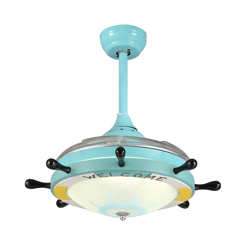 35.5" Wide Rudder Frosted Glass Fan Lighting Kids 1 Head Blue Semi Flush Mount Light Fixture for Bedroom, 4 Blades Clearhalo 'Ceiling Fans with Lights' 'Ceiling Fans' 'Kids Ceiling Fans' 'Kids' Lighting' 1626633