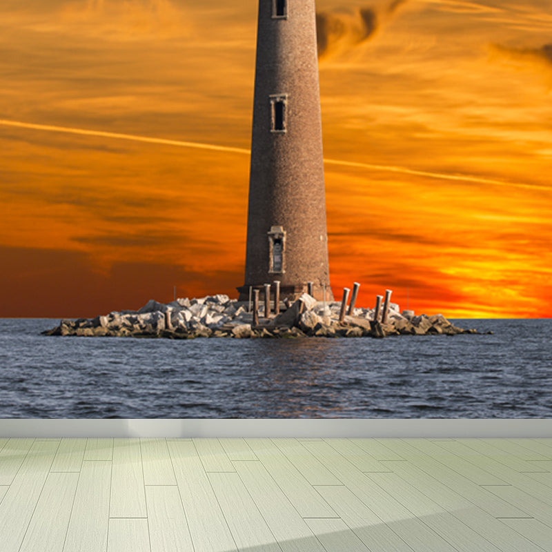 Large Lighthouse Mural Wallpaper Coastal Sea Landscape Wall Covering in Pastel Color Clearhalo 'Wall Decor' 'Wall Mural' 1627419