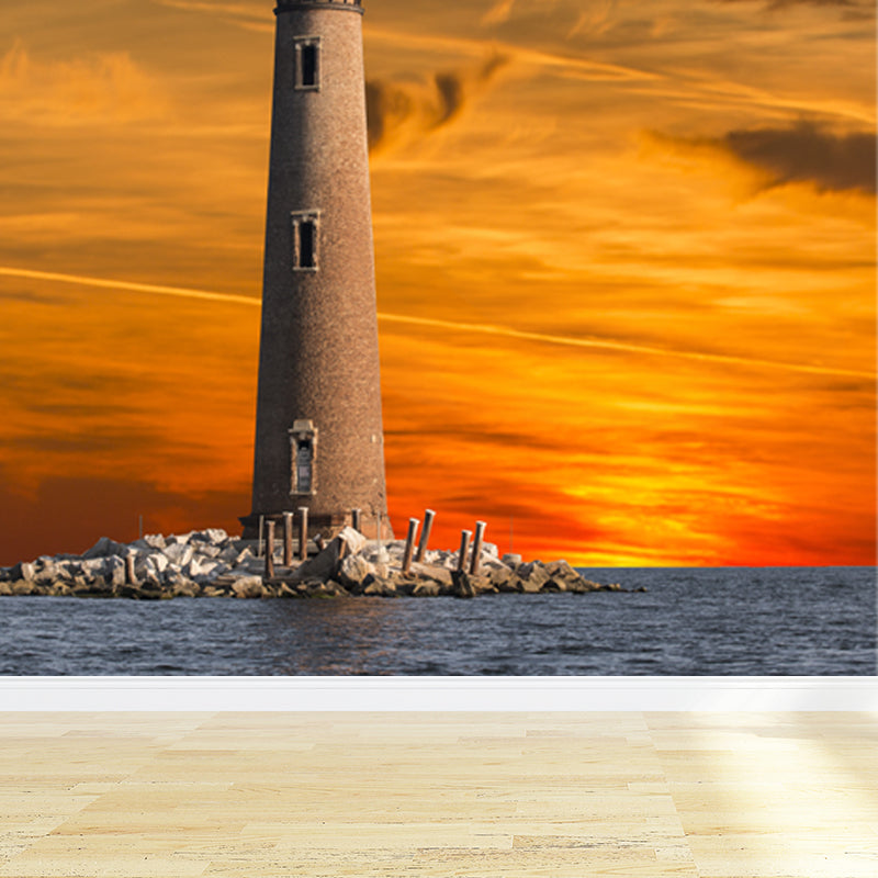 Large Lighthouse Mural Wallpaper Coastal Sea Landscape Wall Covering in Pastel Color Clearhalo 'Wall Decor' 'Wall Mural' 1627420