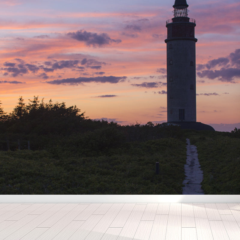 Large Lighthouse Mural Wallpaper Coastal Sea Landscape Wall Covering in Pastel Color Pink Clearhalo 'Wall Decor' 'Wall Mural' 1627423