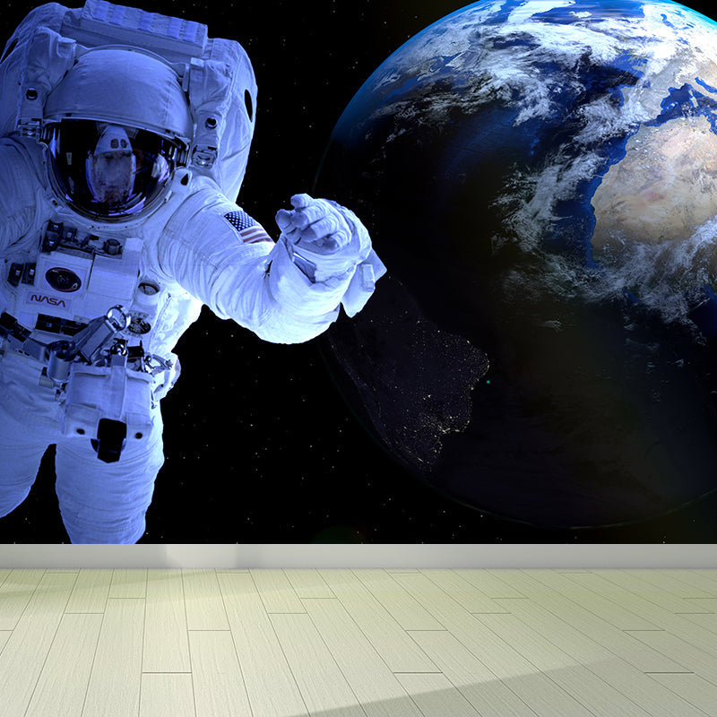 Blue Fictional Wall Mural Huge Astronaut and Earth Wall Covering for Living Room Clearhalo 'Wall Decor' 'Wall Mural' 1627539