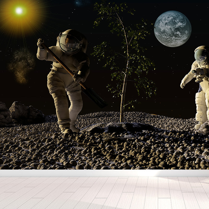 Photography Earth and Astronaut Mural Giant Wall Covering for Dining Room, Custom Brown Design 4 Clearhalo 'Wall Decor' 'Wall Mural' 1627908