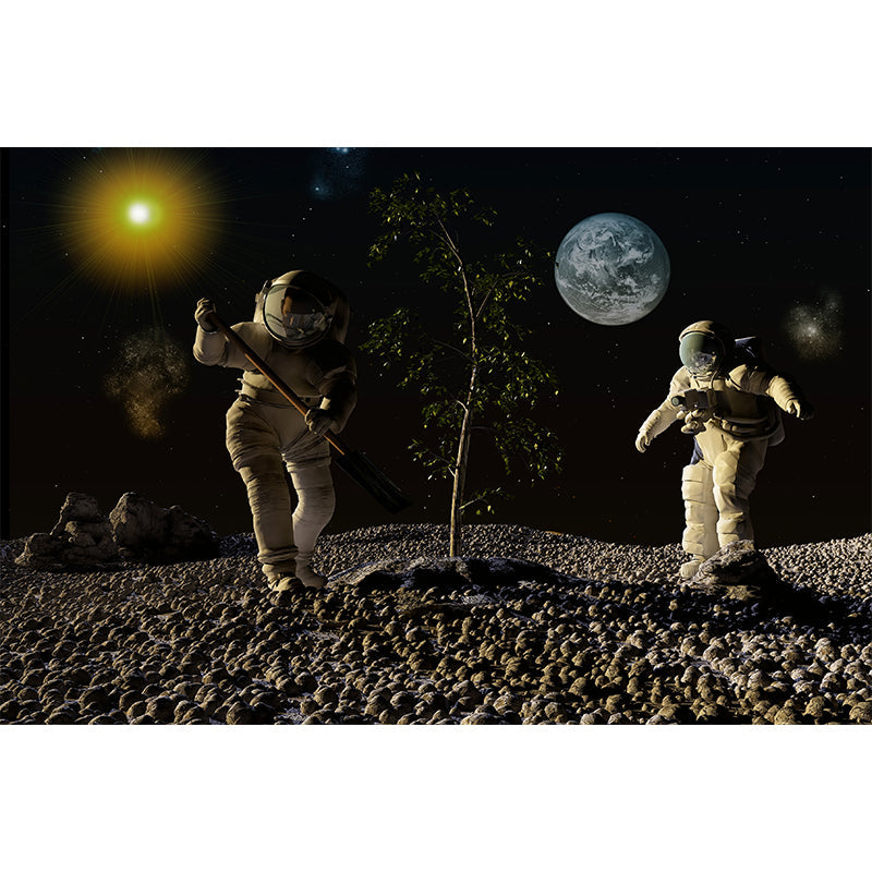 Photography Earth and Astronaut Mural Giant Wall Covering for Dining Room, Custom Clearhalo 'Wall Decor' 'Wall Mural' 1627911